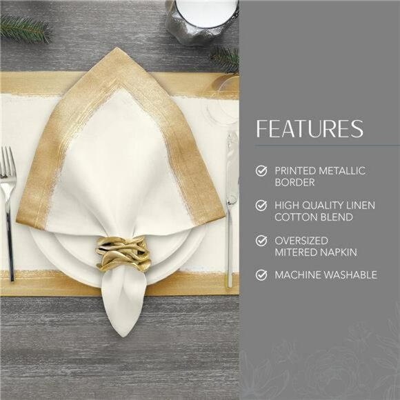 Linen blend cloth napkins set of 4 ivory gold metallic dinner table decor 21 inc - Picture 4 of 8
